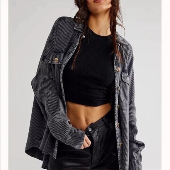 Free People Jackets & Blazers - Free People Scout jacket Fp one charcoal black gray  Waffle Knit pocket button